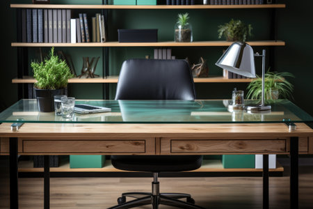 Close up of a modern office desk with book and suppliesの素材