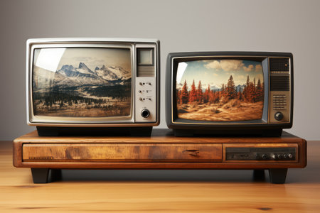 Retro TV set on wooden table with mountains in the background.の素材