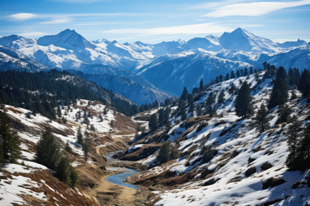 Snow mountain view in winter from forest sideの素材