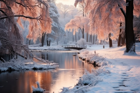 morning frosty winter park landscapeの素材