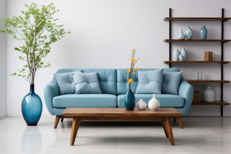 blue sofa and white wall in modern living room professional advertising photographyの素材