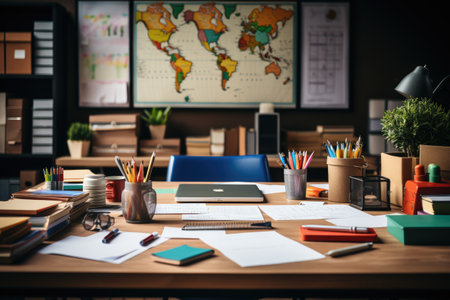 desk with documents and sticky notes and stationary professional advertising photographyの素材
