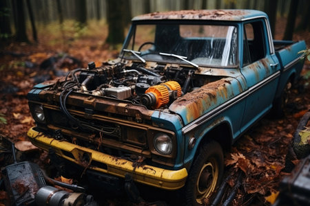 Inside rusty car hood show engineの素材