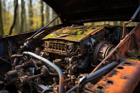 Inside rusty car hood show engineの素材