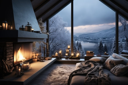 modern fireplace in house with winter viewの素材