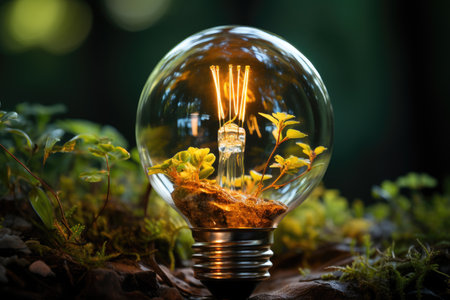 light bulbs and plant seeds symbolize a green energy ecosystemの素材