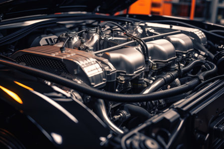 Inside modern car hood engine professional advertising photographyの素材