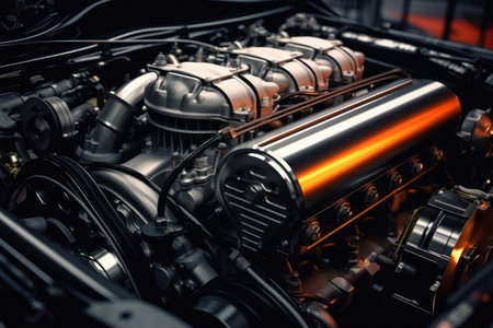 Inside modern car hood engine professional advertising photographyの素材