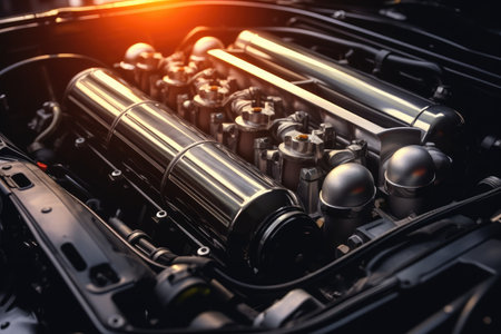 Inside modern car hood engine professional advertising photographyの素材