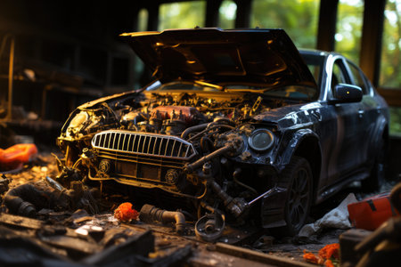 Inside damage car hood engine professional advertising photographyの素材