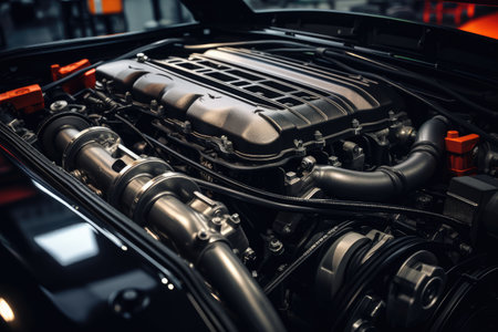 Inside modern car hood engine professional advertising photographyの素材