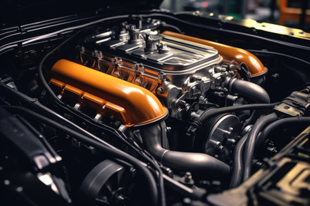 Inside modern car hood engine professional advertising photographyの素材