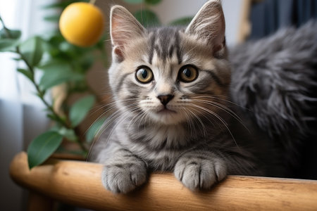 cute kitten in the living room looking at the camera professional advertising photographyの素材