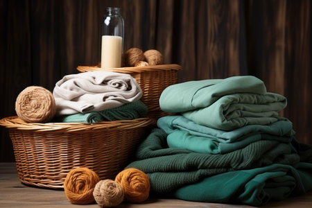 Pile of clean clothes and Wicker basket with clean laundry professional advertising photographyの素材