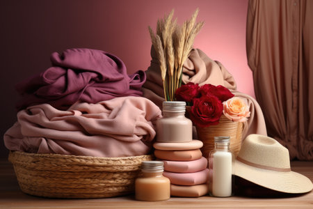 Pile of clean clothes and Wicker basket with clean laundry professional advertising photographyの素材