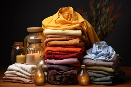 Pile of clean clothes and Wicker basket with clean laundry professional advertising photographyの素材