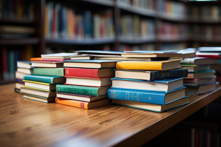 pile of book on the top table in library professional advertising photographyの素材