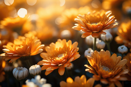 Flower field in sunlight spring or summer garden professional advertising photographyの素材