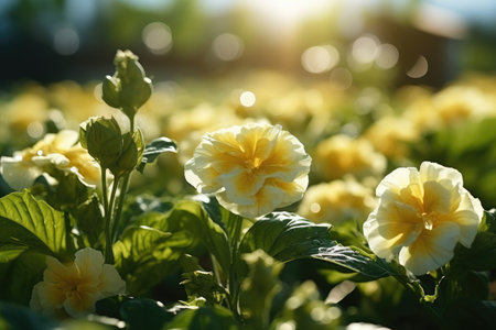 Flower field in sunlight spring or summer garden professional advertising photographyの素材