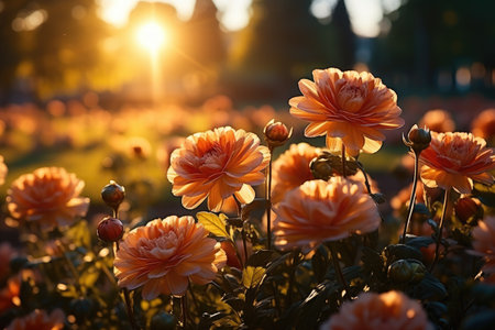 Flower field in sunlight spring or summer garden professional advertising photographyの素材
