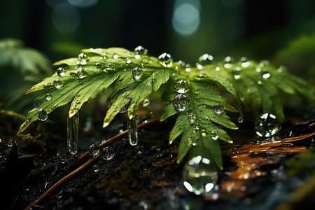 macro close up of rain drop bright in realistic forest professional advertising photographyの素材