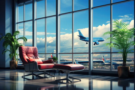 waiting room area at the airport with the large window professional advertising photographyの素材