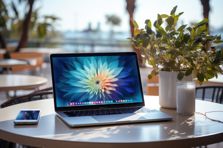 The work desk has a personal computer and various kinds of office stationeryの素材