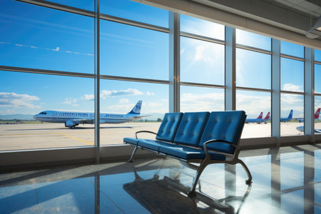 waiting area room at the airport with the large window professional advertising photographyの素材