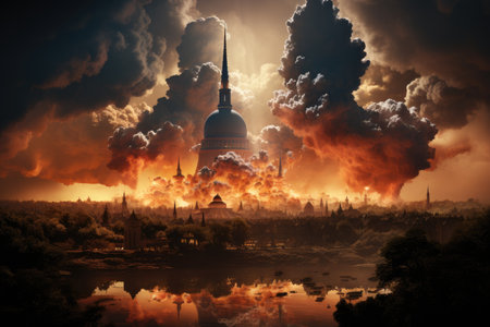 stock photo of big explosion in the city look from far professional advertising photographyの素材