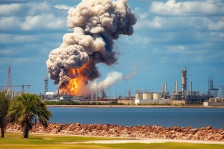 stock photo of big explosion in the offshore oil refinery professional advertising photographyの素材