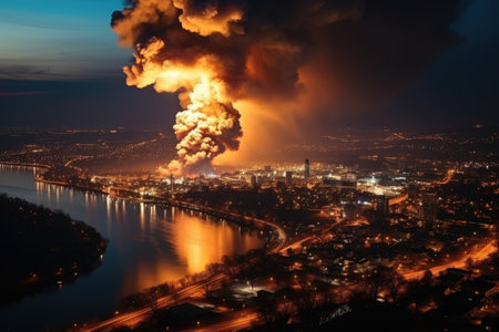 stock photo of big explosion in the city look from far professional advertising photographyの素材
