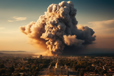 stock photo of big explosion in the city look from far professional advertising photographyの素材