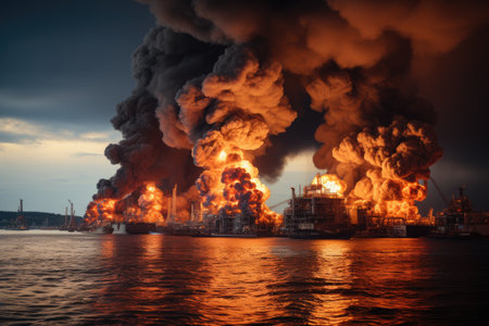 stock photo of big explosion in the offshore refinery professional advertising photographyの素材