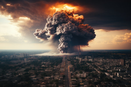 stock photo of big explosion in the city look from far professional advertising photographyの素材