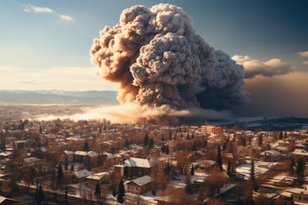 stock photo of big explosion in the city look from far professional advertising photographyの素材