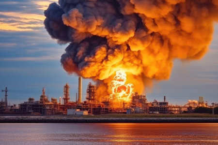 stock photo of big explosion in the offshore oil refinery professional advertising photographyの素材
