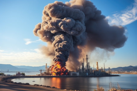 stock photo of big explosion in the offshore oil refinery professional advertising photographyの素材