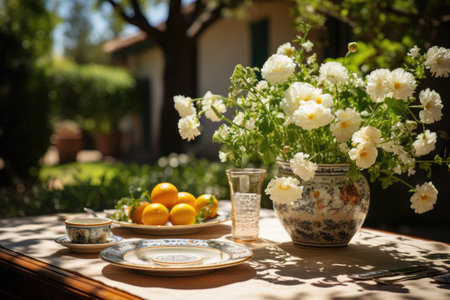 table set for a summer brunch in the garden professional photographyの素材