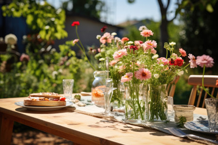 table set for a summer brunch in the garden professional photographyの素材