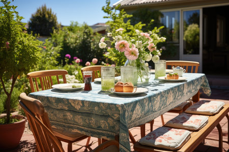table set for a summer brunch in the garden professional photographyの素材