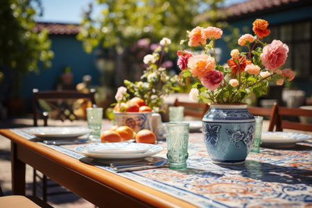 table set for a summer brunch in the garden professional photographyの素材