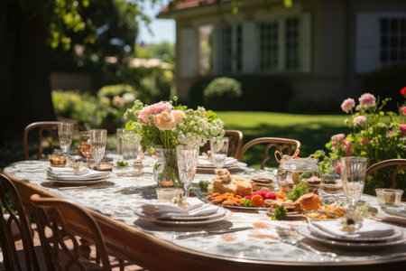 table set for a summer brunch in the garden professional photographyの素材