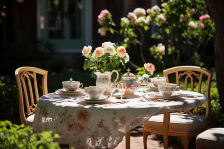 table set for a summer brunch in the garden professional photographyの素材
