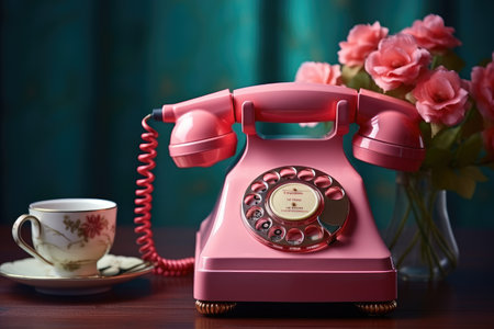 old telephone on vintage style pastel color tableの素材