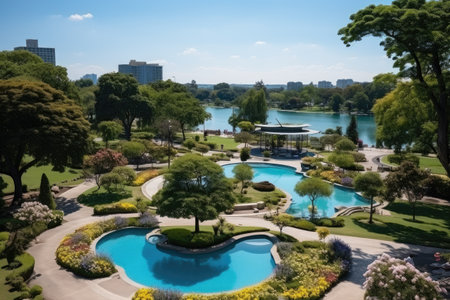 a park in a bustling city with wide open space flower fieldsの素材
