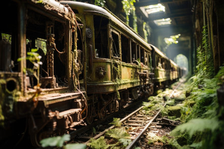 a model of an abandoned railway line in the hot forest sun professional photographyの素材