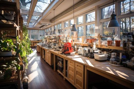 dry laboratory with lots of natural light reflective materials professional photographyの素材