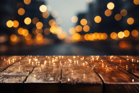 Empty wooden table top with defocused bokeh city lights professional photographyの素材