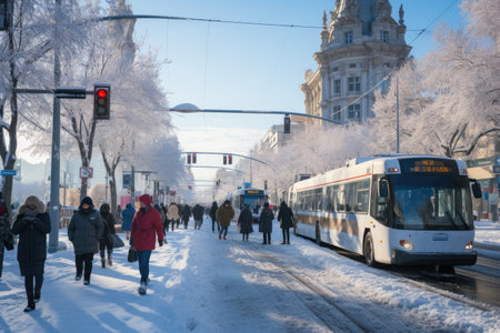 The Beginning of winter is bustling in the white snowy city professional photographyの素材