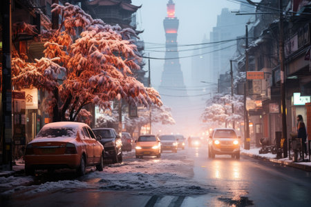The Beginning of winter is bustling in the white snowy city professional photographyの素材